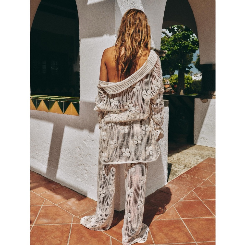 Zara Cream Crochet Open-Knit Buttoned Top and Pant Set - Picture 5 of 13